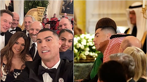 வெள்ளை மாளிகை விருந்தில் செல்ஃபி எடுத்துக் கொண்ட ரொனால்டோ, எலான் மஸ்க், அமெரிக்க வர்த்த செயலர் ஹோவர்ட் லூட்னிக் உள்ளிட்டோர்.