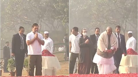 இந்திரா காந்தி நினைவிடத்தில் மரியாதை செலுத்திய ராகுல், கார்கே, சோனியா காந்தி.