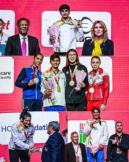 தங்கம் வென்ற மீனாட்சி, நுபுா், ப்ரீதி, அருந்ததி.