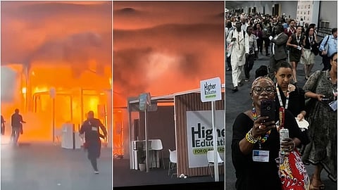 தீ விபத்து நிகழ்ந்த இடத்தில் இருந்து தப்பியோடி பல்வேறு நாடுகளைச் சேர்ந்த பிரதிநிதிகள்.