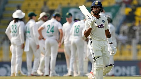India's Dhruv Jurel walks off the field after losing his wicket on the third day of the second cricket test match between India and South Africa in Guwahati