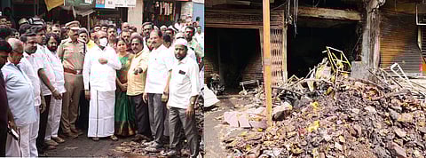  திருவண்ணாமலை மாட வீதியில் தீ விபத்து ஏற்பட்ட இடத்தை ஆய்வு செய்த அமைச்சா் எ.வ.வேலு.  தீ விபத்தால் சேதமடைந்த கடைகள்.