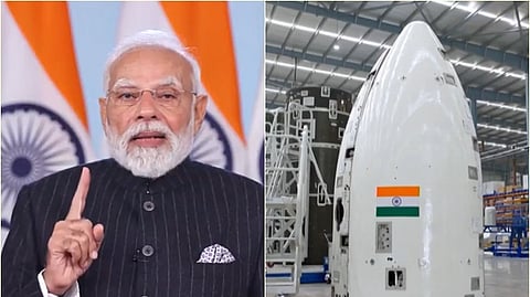 ஸ்கைரூட்ஏரோஸ்பேஸ் நிறுவனத்தின் முதல் புவி சுற்றுவட்டப் பாதை ராக்கெட்டான ‘விக்ரம் 1’ அறிமுக நிகழ்ச்சியில் காணொலி வாயிலாக பங்கேற்ற பிரதமா் மோடி.