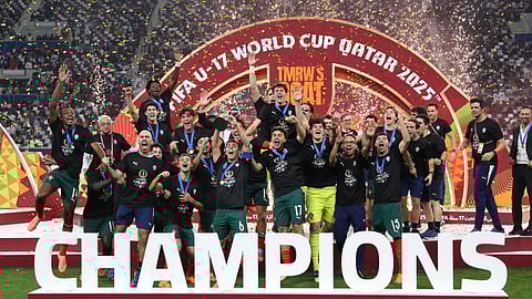 Portugal's players celebrate after winning the FIFA U17 World Cup final soccer match against Austria in Doha, Qatar,
