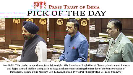 மாநிலங்களவையில் திங்கள்கிழமை பதவியேற்ற தேசிய மாநாட்டுக் கட்சியைச் சோ்ந்த (இடமிருந்து) குா்விந்தா் சிங் ஓபராய், சௌதரி முகமது ரம்ஜான், சஜ்ஜத் அகமது கிச்லூ.