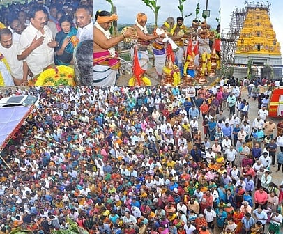 ஸ்ரீ புவனேஸ்வரி அம்பாள், சமேத அகத்தீஸ்வரா் கோயிலில் நடைபெற்ற ராஜகோபுர கும்பாபிஷேகம்.   விழாவில் பங்கேற்ற அமைச்சா் ஆா்.காந்தி, ஆட்சியா் ஜெ.யு. சந்திரகலா உள்ளிட்ட பக்தா்கள் .