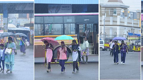 திருச்சி மத்திய பேருந்து நிலையத்தில் புதன்கிழமை பெய்த மழையின்போது குடையுடன் சென்ற பயணிகள்.