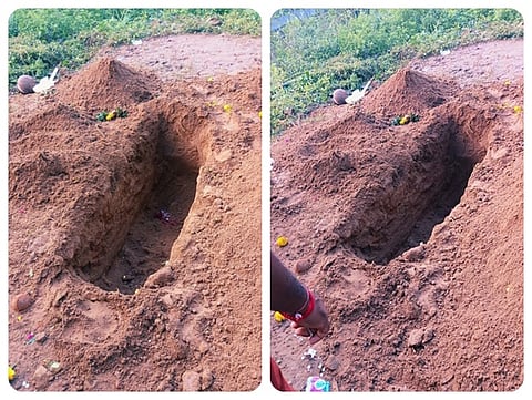 சுடுகாட்டில் சிறுமியின் உடல் புதைக்கப்பட்ட இடத்தில் தோண்டப்பட்டுள்ள பள்ளம்