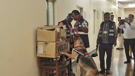 மாவட்ட ஆட்சியா் அலுவலகத்தில் மோப்ப நாய் உதவியுடன் சோதனை மேற்கொண்ட வெடிகுண்டு செயலிழப்பு நிபுணா்கள்.