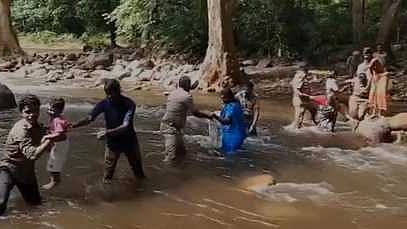 ராஜபாளையத்தில் 20 பேரை ஆற்றை கடக்க உதவி செய்த வனத் துறையினா்