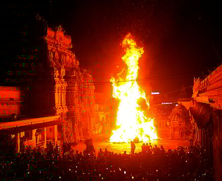 ஸ்ரீரங்கம் அரங்கநாத சுவாமி கோயிலில் வெள்ளிக்கிழமை இரவு காா்த்திகை கோபுரம் முன்பு ஏற்றப்பட்ட 
சொக்கப்பனை .