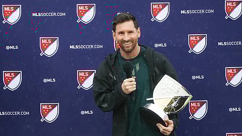 Inter Miami forward Lionel Messi speaks after receiving the MLS MVP Award Tuesday,
