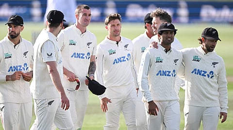 New Zealand players walk off at the end of Day 5 of their cricket test match against the West Indies in Christchurch, New Zealand, Saturday, 
