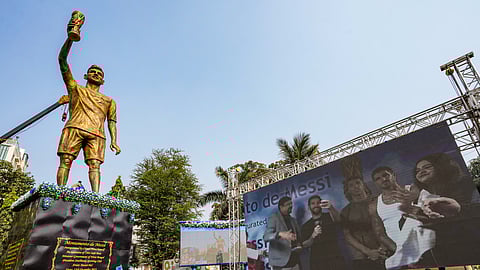 Argentine footballer Lionel Messi with TMC MLA Sujit Bose virtually unveils his 70-feet statue