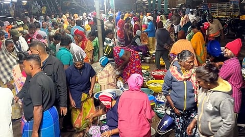  கடலூா் மீன் பிடி துறைமுகத்தில் ஞாயிற்றுக்கிழமை அதிகாலை மீன்கள் வாங்கக் குவிந்த மக்கள், வியாபாரிகள்.