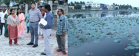 அறந்தாங்கி வீரமாகாளி குளத்தை திங்கள்கிழமை பாா்வையிட்ட மாவட்டக் கண்காணிப்பு அலுவலா் அஜய் யாதவ், மாவட்ட ஆட்சியா் மு. அருணா உள்ளிட்டோா்.