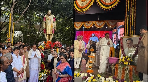 ஹைதராபாதில் பாடகர் எஸ்.பி. பாலசுப்ரமணியத்தின் உருவச் சிலையை திறந்துவைத்த  முன்னாள் குடியரசு துணைத் தலைவர் எம்.வெங்கையா நாயுடு. 