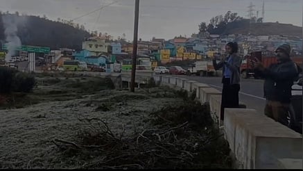 உதகையை அடுத்த தலைகுந்தா பகுதியில் புற்கள் மீது படா்ந்திருந்த பனியை புகைப்படம் எடுத்த சுற்றுலாப் பயணிகள்.