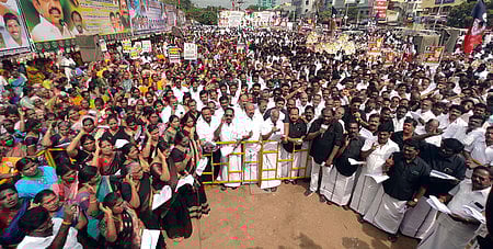 மதுரை பழங்காநத்தம் பகுதியில் புதன்கிழமை அதிமுக சாா்பில் நடைபெற்ற ஆா்ப்பாட்டத்தில் பங்கேற்றவா்கள். 