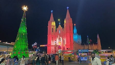 வேளாங்கண்ணி பேராலயம் முன் அமைக்கப்பட்டுள்ள 42 அடி உயர கிறிஸ்துமஸ் மரம்