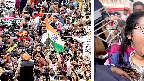 தில்லியில் உள்ள வங்கதேச தூதரகத்தை முற்றுகையிட குவிந்த ஹிந்து அமைப்புகளைச் சேர்ந்தவர்கள். 
(வலது) கொல்கத்தாவில் உள்ள வங்கதேச துணைத் தூதரகம் அருகே நடைபெற்ற போராட்டத்தில் பங்கேற்றோர். 