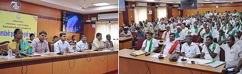 கோவை மாவட்ட ஆட்சியா் பவன்குமாா் க.கிரியப்பனவா் தலைமையில் புதன்கிழமை நடைபெற்ற விவசாயிகளுக்கான மாதாந்திர குறைகேட்புக் கூட்டத்தில் பங்கேற்ற விவசாயிகள்.