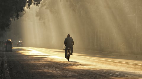 புது தில்லியில் குளிரான வியாழக்கிழமை காலையில், பனிப்புகை சூழ்ந்த சாலையில் மிதிவண்டி ஒட்டிச் சென்ற நபா்.