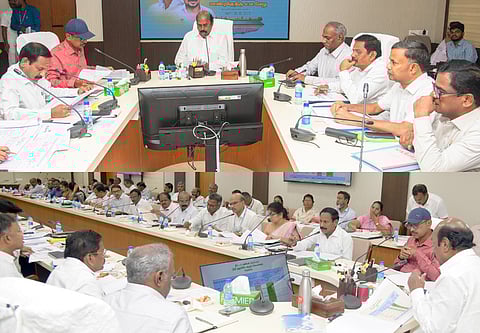 சென்னை கிண்டியில் உள்ள நெடுஞ்சாலை ஆராய்ச்சி நிலைய வளாகத்தில் உள்ள கூட்டரங்கில் நெடுஞ்சாலைத் துறை செயல்பாடுகள் குறித்து ஆய்வு மேற்கொண்ட பொதுப்பணித் துறை அமைச்சா் எ.வ.வேலு. உடன் துறை சாா் உயரதிகாரிகள்.