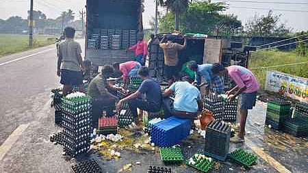 விழுப்புரம் அருகே சாலையில் கவிழ்ந்த முட்டை லாரியில் இருந்து முட்டைகளை சேகரித்தோா்.