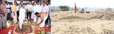  மேம்பாலப் பணியை தொடங்கி வைத்த ஆட்சியா் மு. பிரதாப், எம்எல்ஏ வி.ஜி.ராஜேந்திரன். 