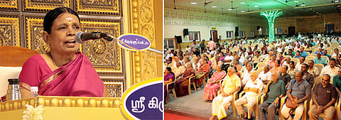 கோவை, கிக்கானி மேல்நிலைப் பள்ளியில் வெள்ளிக்கிழமை நடைபெற்ற ‘எப்போ வருவாரோ’ ஆன்மிகச் சொற்பொழிவு நிகழ்ச்சியில் பேசிய சி. எஸ். விசாலாட்சி. (வலது) நிகழ்ச்சியில் பங்கேற்றோா்.