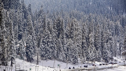 குல்மார்கில் எங்கு காணினும் வெள்ளை பனி மூடிய நிலையில் ஏடிவி-பைக்கில் சவாரி செய்து மகிழும்  சுற்றுலாப் பயணிகள்.