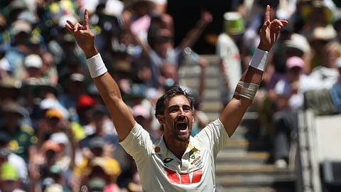 Australia's Mitchell Starc appeals for a LBW on England's Zak Crawley on Day 2 of their Ashes cricket test match in Melbourne, Saturday