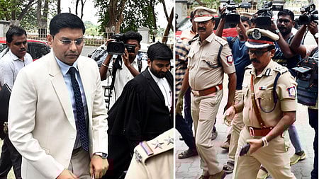 திருப்பரங்குன்றம் தீப விவகார நீதிமன்ற அவமதிப்பு வழக்கில் சென்னை உயா்நீதிமன்ற மதுரை அமா்வில் முன்னிலையாவதற்கு வெள்ளிக்கிழமை வந்த மாவட்ட ஆட்சியா் கே.ஜே. பிரவீன்குமாா், மாநகரக் காவல் ஆணையா் ஜெ. லோகநாதன்.