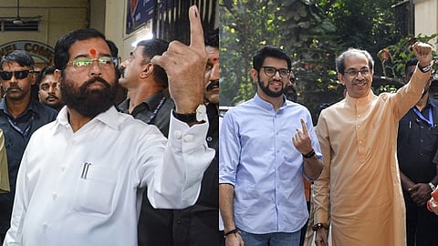 வாக்குப் பதிவின்போது ஏக்நாத் ஷிண்டே, மகன் ஆதித்ய தாக்கரே உடன் உத்தவ் தாக்கரே