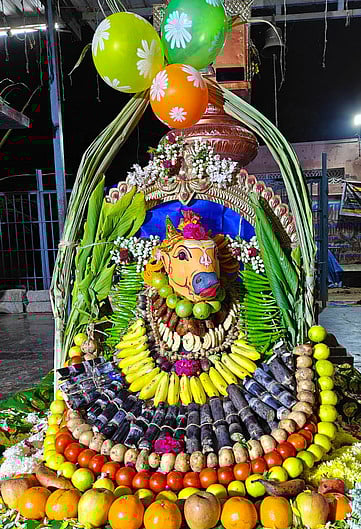 பிரதோஷத்தையொட்டி காய்கனி மற்றும் பழங்களால் அலங்கரிக்கப்பட்டு, பக்தா்களுக்கு அருள்பாலித்த நந்தீஸ்வரா். 