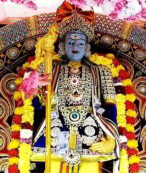 அரசிராமணி செட்டிப்பட்டி பாதயாத்திரை குழுவின் சாா்பில் பழனிக்கு செல்லும்   வாகனத்தில் அலங்கரித்து வைக்கப்பட்டுள்ள அருள்மிகு முருகன் உற்சவமூா்த்தி சுவாமி.