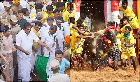 புகழ்பெற்ற அலங்காநல்லூர் ஜல்லிக்கட்டுப் போட்டியை தொடங்கி வைத்த அமைச்சர் பி. மூர்த்தி.