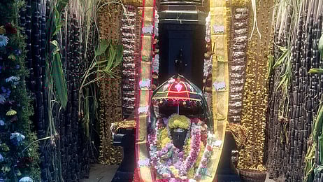  காஞ்சிபுரம் சங்கர மடத்தில் கரும்புகளால் அலங்கரிக்கப்பட்டிருந்த மகா பெரியவா் சுவாமிகள் பிருந்தாவனம்.