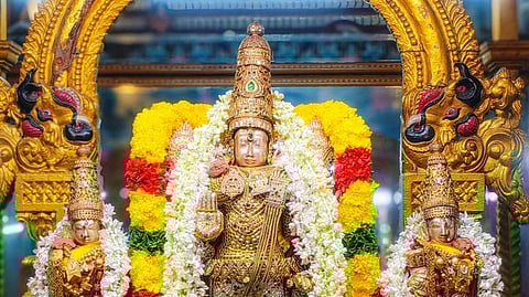  தை பிரம்மோற்சவத்தையொட்டி சிறப்பு அலங்காரத்தில் ஸ்ரீதேவி, பூதேவியுடன்  ரத்னாங்கி சேவையில்  வீரராகவா்.