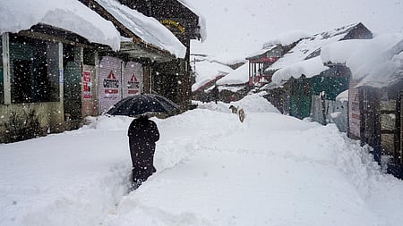 ஜம்மு-காஷ்மீரின் புத்காமில் வெள்ளிக்கிழமை பனி படா்ந்த தெரு வழியாக நடந்து செல்லும் நபா். ~ஹிமாசல பிரதேச மாநிலம், மணாலியில் கடும் பனிப்பொழிவால் போக்குவரத்து நெரிசலில் சிக்கிய வாகனங்கள்.