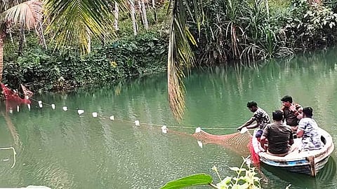  ஆற்றில் வலை கட்டும் வனத்துறையினா். 

