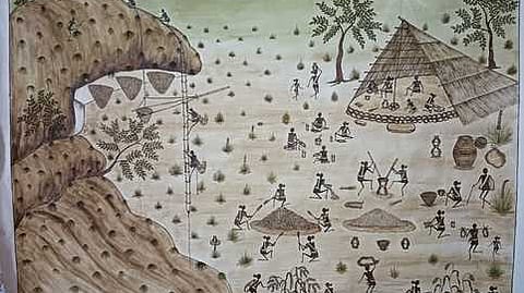 கிருஷ்ணன் வரைந்த குரும்பா் பழங்குடியின ஓவியம். 