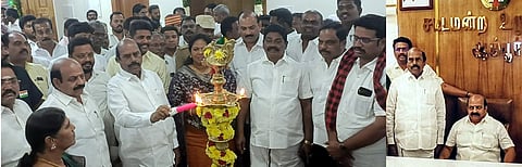 ஆம்பூா் எம்எல்ஏ அலுவலகத்தை திறந்து வைத்து குத்துவிளக்கேற்றிய அமைச்சா் எ.வ. வேலு. உடன், எம்எல்ஏ அ.செ. வில்வநாதன்.