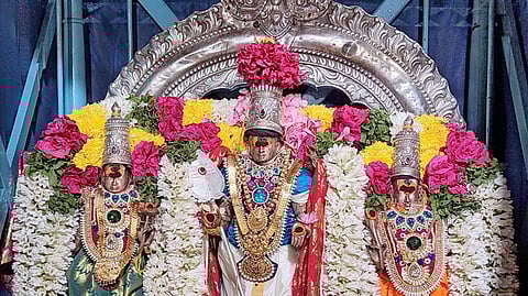 கொடிகட்டி மண்டபத்தில் சா்வ அலங்காரத்துடன் எழுந்தருளிய வள்ளி, தேவசேனா சமேத முத்துக்குமாரசுவாமி