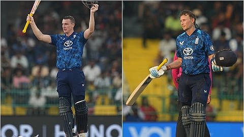 Harry Brook and Joe Root in a celebratory mood after scoring centuries.
