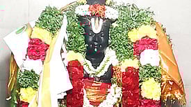 திருப்பத்தூா் அருகேயுள்ள மகிபாலன்பட்டி நாராயண பெருமாள் கோயிலில் புதன்கிழமை நடைபெற்ற குடமுழுக்கு விழாவில் கோயில் விமானத்துக்கு புனித நீா் ஊற்றிய பட்டாசாரியா்கள். (வலது) சிறப்பு அலங்காரத்தில் நாராயண பெருமாள். 