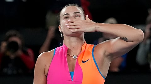 Aryna Sabalenka of Belarus celebrates after defeating Elina Svitolina of Ukraine in their semifinal match at the Australian Open tennis championship in Melbourne.