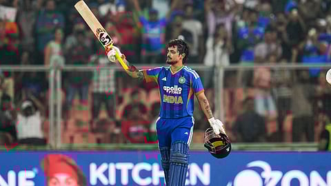Ishan Kishan in a state of joy after scoring a century.
