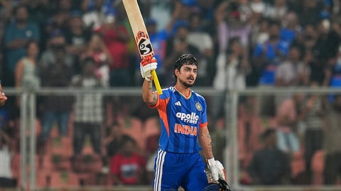 Ishan Kishan in a state of joy after scoring a century.